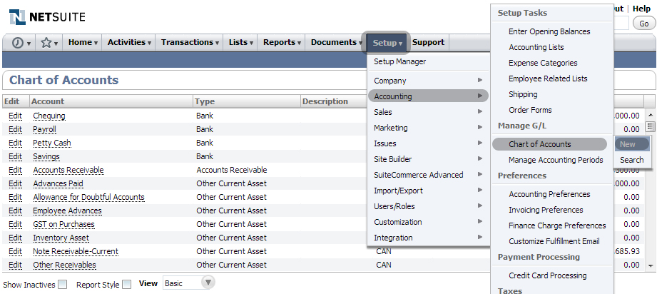 simplepay netsuite chart of accounts